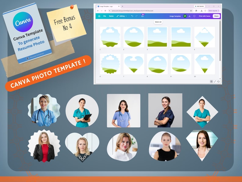 Op de afbeelding: Een digitaal ontwerp met een Canva-sjabloon voor cv-foto's. Het ontwerp bevat een laptopscherm met sjablonen voor afbeeldingen, samen met voorbeeldfoto's van mensen. De tekst op het ontwerp luidt "Canva Template To generate Resume Photo" en "Free Bonus No 4".