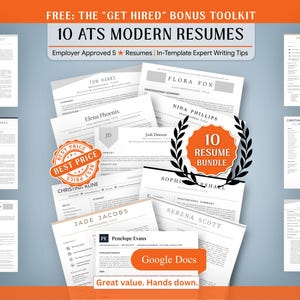 Może przedstawiać: Kolekcja 10 nowoczesnych szablonów CV z białymi stronami i czarnym tekstem, ułożonych w stos. Obraz zawiera tekst 10 ATS MODERN RESUMES, GET HIRED BONUS TOOLKIT, BEST PRICE, 10 RESUME BUNDLE oraz Google Docs.