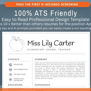 Op de afbeelding: Een professionele cv-sjabloon met de naam "Miss Lily Carter, basisschoolleraar". Het ontwerp bevat secties voor contactgegevens, een samenvatting, opleiding en ervaring. De lay-out is strak, met een appelafbeelding.