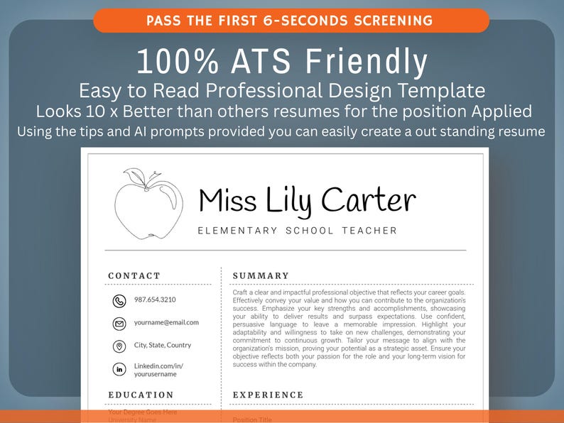 Op de afbeelding: Een professionele cv-sjabloon met de naam "Miss Lily Carter, basisschoolleraar". Het ontwerp bevat secties voor contactgegevens, een samenvatting, opleiding en ervaring. De lay-out is strak, met een appelafbeelding.
