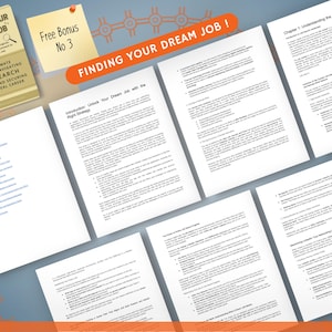 Op de afbeelding: Een boek getiteld "Finding Your Dream Job" met het Indeed-logo, vergezeld van verschillende pagina's tekst en een plakbriefje met "Free Bonus No 3". De tekst "Finding Your Dream Job!" wordt weergegeven op een oranje banner.