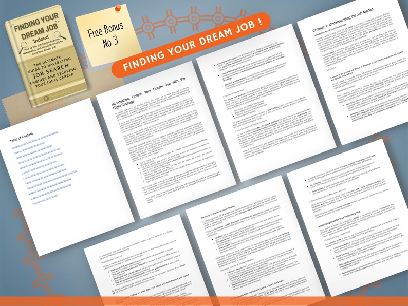 Op de afbeelding: Een boek getiteld "Finding Your Dream Job" met het Indeed-logo, vergezeld van verschillende pagina's tekst en een plakbriefje met "Free Bonus No 3". De tekst "Finding Your Dream Job!" wordt weergegeven op een oranje banner.