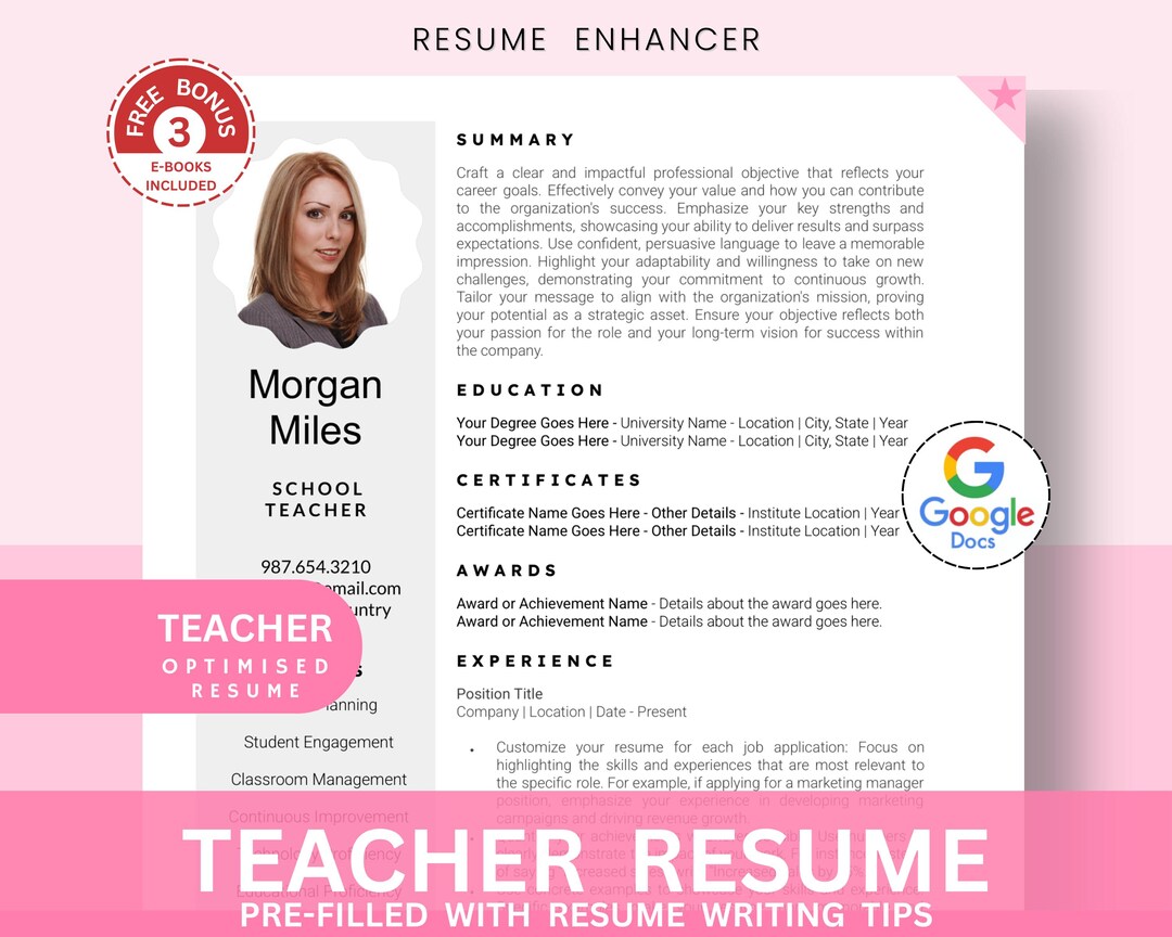 Teacher Resume Template for Google Docs | Modern CV (digital Download ...
