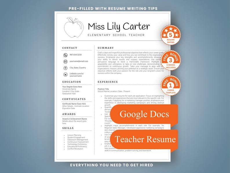 Teacher Resume Template for Google Docs | Modern CV (Digital Download) afbeelding 1
