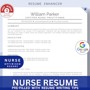 Nursing Resume Template for Google Docs, Simple Clear, Registered Nurse Resume, Remote Nurse, New Grad Nurse Practitioner Resume CV Template