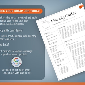 Op de afbeelding: Een cv-sjabloon met de tekst "Miss Lily Carter Elementary School Teacher" wordt weergegeven op een witte achtergrond. Het cv bevat secties voor contactgegevens, opleiding, ervaring en vaardigheden. De afbeelding bevat ook de tekst "Unlock Your Dream Job Today!"