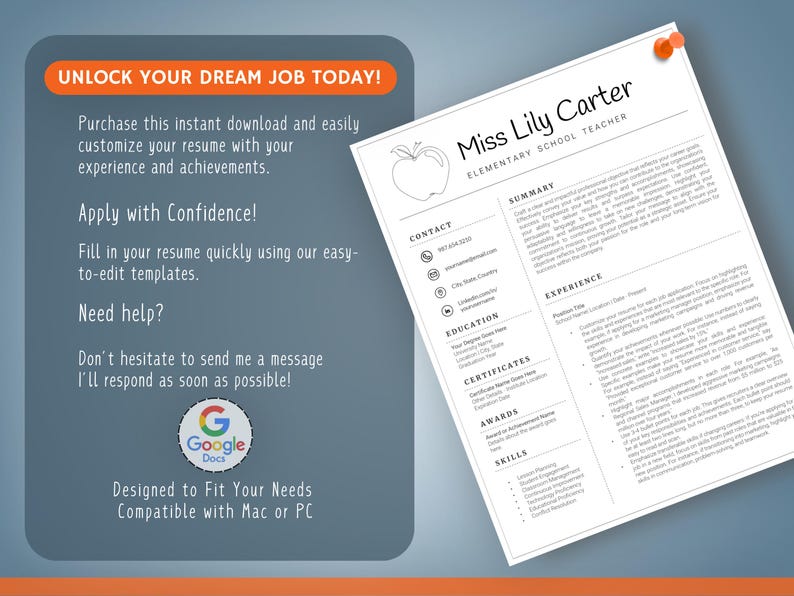 Op de afbeelding: Een cv-sjabloon met de tekst "Miss Lily Carter Elementary School Teacher" wordt weergegeven op een witte achtergrond. Het cv bevat secties voor contactgegevens, opleiding, ervaring en vaardigheden. De afbeelding bevat ook de tekst "Unlock Your Dream Job Today!"