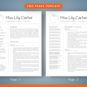 Op de afbeelding: Een cv-sjabloon van twee pagina's met een minimalistisch ontwerp. De koptekst toont "Miss Lily Carter" en "Elementary School Teacher". De sjabloon bevat secties voor contactgegevens, opleiding, ervaring en vaardigheden.