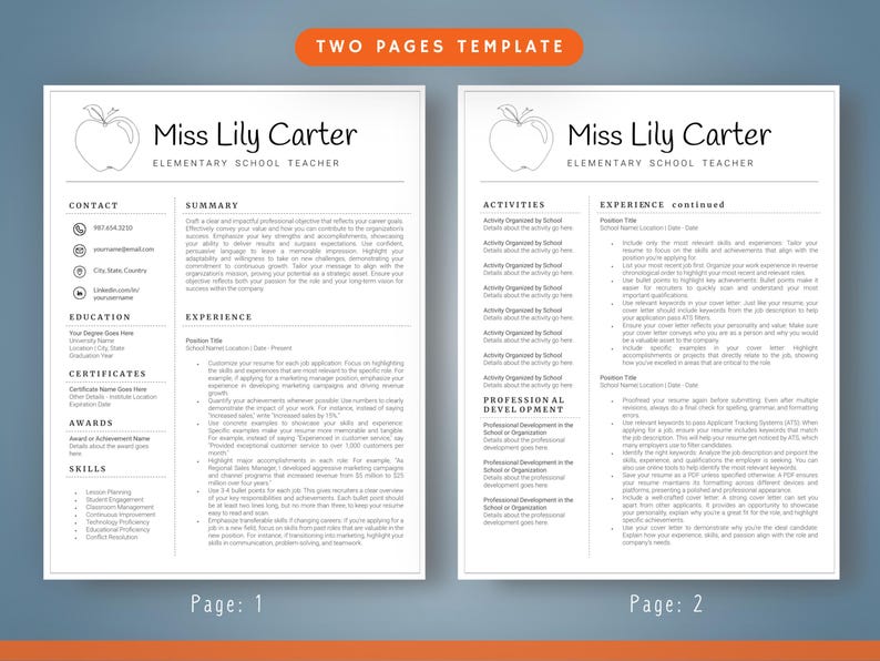 Op de afbeelding: Een cv-sjabloon van twee pagina's met een minimalistisch ontwerp. De koptekst toont "Miss Lily Carter" en "Elementary School Teacher". De sjabloon bevat secties voor contactgegevens, opleiding, ervaring en vaardigheden.