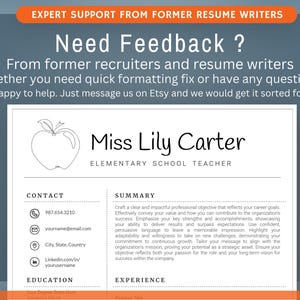 Op de afbeelding: Een cv-sjabloon met de naam "Miss Lily Carter, Elementary School Teacher". De tekst "Need Feedback?" staat centraal, met een oproep om contact op te nemen met de verkoper op Etsy voor hulp bij het opstellen van cv's.