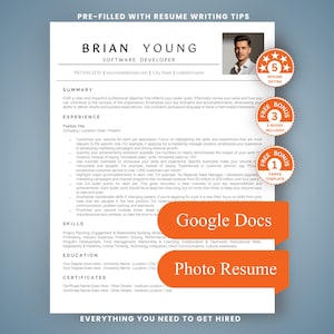 May include: A professional resume template featuring the name Brian Young, Software Developer, with sections for summary, experience, skills, education, and certificates. Includes orange circular badges for resume rating and bonus e-books and templates.