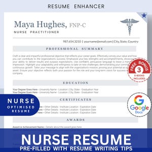 May include: A blue and white resume template with a star and a caduceus symbol. The template is titled "Nurse Resume" and includes the text "Pre-filled with Resume Writing Tips".