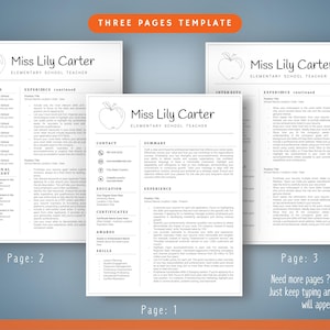 Op de afbeelding: Een driepagina's cv-sjabloon met de tekst "Miss Lily Carter, Elementary School Teacher". Het cv bevat secties voor activiteiten, ervaring, interesses en contactgegevens. De oranje banner bovenaan luidt "THREE PAGES TEMPLATE".