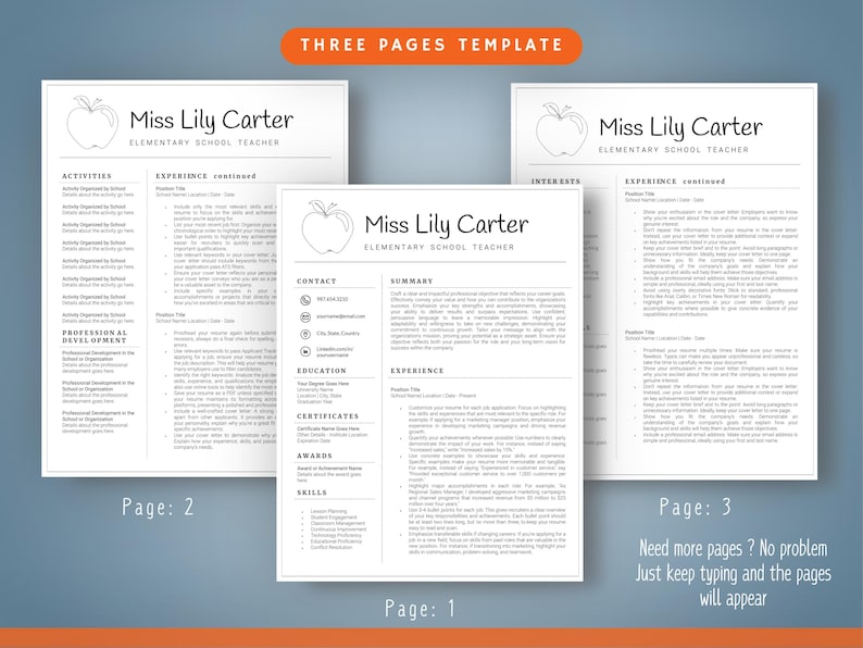 Op de afbeelding: Een driepagina's cv-sjabloon met de tekst "Miss Lily Carter, Elementary School Teacher". Het cv bevat secties voor activiteiten, ervaring, interesses en contactgegevens. De oranje banner bovenaan luidt "THREE PAGES TEMPLATE".