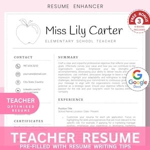 以下が含まれることがあります： ピンクの背景に白黒の履歴書テンプレート。テンプレートは小学校の教師向けに設計されています。履歴書には、連絡先情報、要約、経験、証明書などのセクションが含まれています。テンプレートには、3冊の電子書籍の無料ボーナスも含まれています。ページの下部には、大きな太字で「Teacher Resume」というテキストが表示されています。