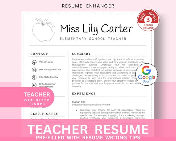 Teacher Resume Template for Google Docs | Modern CV (Digital Download)