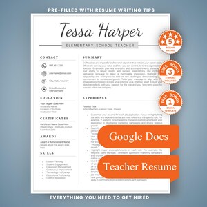 May include: A resume template for an elementary school teacher named Tessa Harper, featuring sections for contact, education, certificates, awards, skills, summary, and experience. Includes orange circular badges and orange rectangular labels.