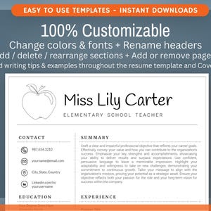 Op de afbeelding: Een aanpasbare cv-sjabloon met de tekst "Miss Lily Carter, Elementary School Teacher". De sjabloon bevat secties voor contactgegevens, samenvatting, opleiding en ervaring. Het ontwerp bevat een appelafbeelding en de tekst "100% Aanpasbaar."