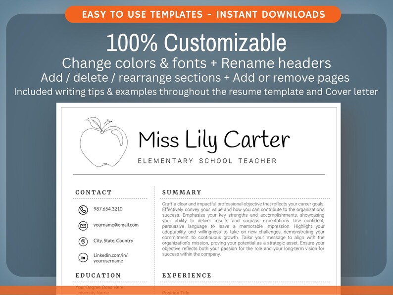 Op de afbeelding: Een aanpasbare cv-sjabloon met de tekst "Miss Lily Carter, Elementary School Teacher". De sjabloon bevat secties voor contactgegevens, samenvatting, opleiding en ervaring. Het ontwerp bevat een appelafbeelding en de tekst "100% Aanpasbaar."