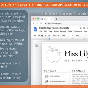 Op de afbeelding: Een screenshot van een Google Docs cv-sjabloon. De sjabloon bevat secties voor contactgegevens, een samenvatting en vaardigheden. Tekst aan de linkerkant legt uit hoe je de sjabloon kunt bewerken. Het cv is voor een basisschoolleraar.