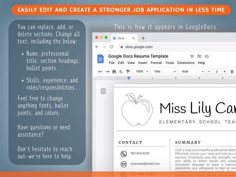 Op de afbeelding: Een screenshot van een Google Docs cv-sjabloon. De sjabloon bevat secties voor contactgegevens, een samenvatting en vaardigheden. Tekst aan de linkerkant legt uit hoe je de sjabloon kunt bewerken. Het cv is voor een basisschoolleraar.