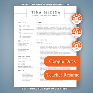 May include: A white resume template for an elementary school teacher named Tina Medina, featuring sections for contact, summary, experience, education, certificates, awards, and skills. Includes orange circular badges and orange rectangular labels.