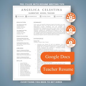 May include: A white resume template for an elementary school teacher with black text, featuring sections for education, certificates, awards, and skills. Three orange circular badges highlight a 5-star rating, 3 e-books, and 1 Canva template.