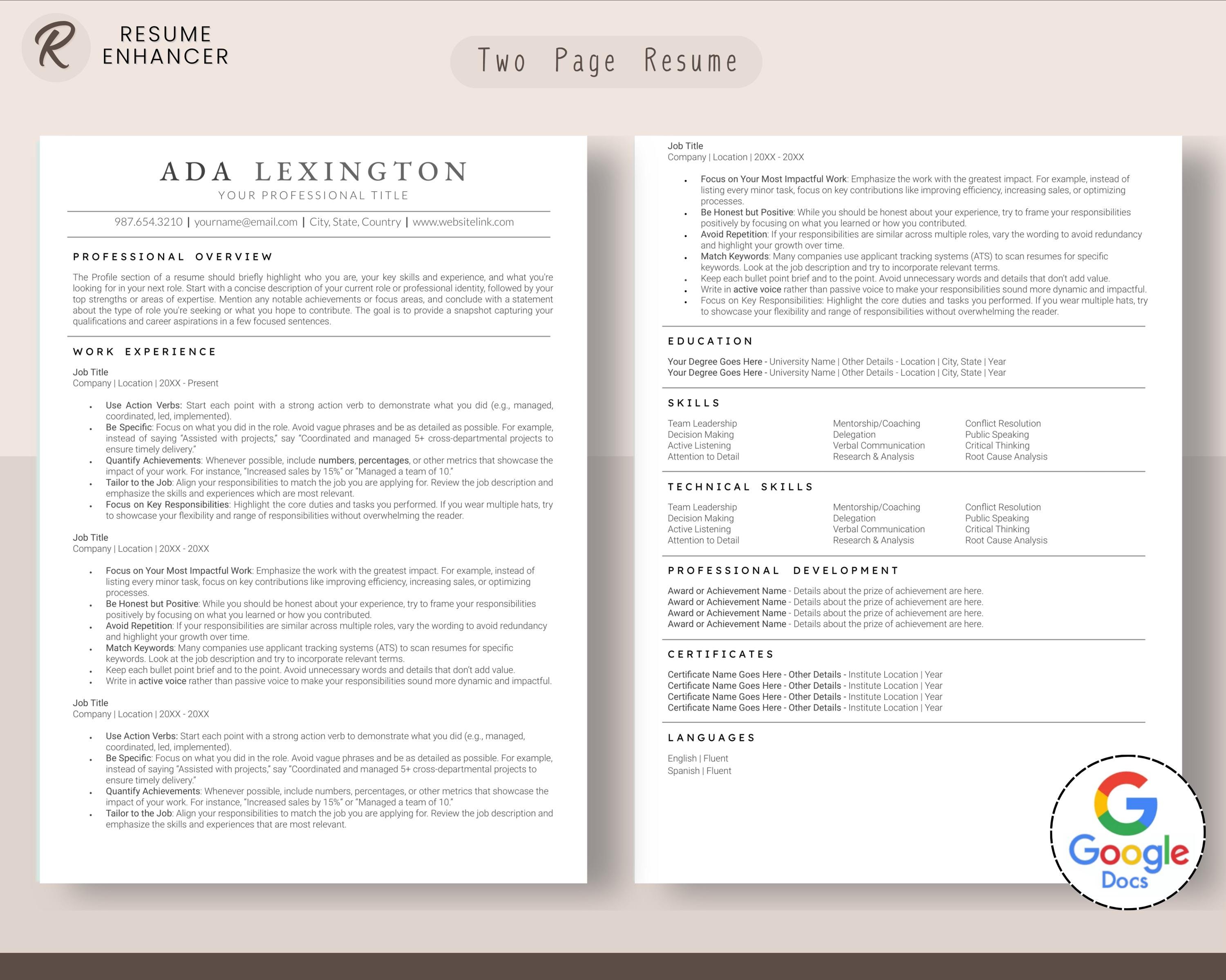 Minimalist Resume Template – Google Docs CV With Cover Letter (US ...