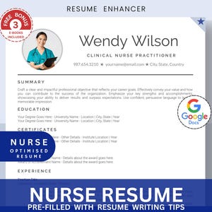 May include: A blue and white resume template with the title "Nurse Resume" and the text "Pre-filled with Resume Writing Tips". The template is designed for a nurse practitioner and includes sections for summary, education, certificates, experience, and awards.