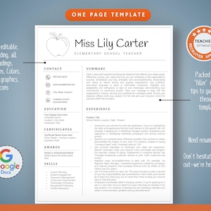 Op de afbeelding: Een wit cv-sjabloon met de tekst "Miss Lily Carter, Elementary School Teacher." Het cv bevat secties voor contactgegevens, opleiding, ervaring en vaardigheden. De sjabloon is volledig bewerkbaar en geoptimaliseerd voor leraren.
