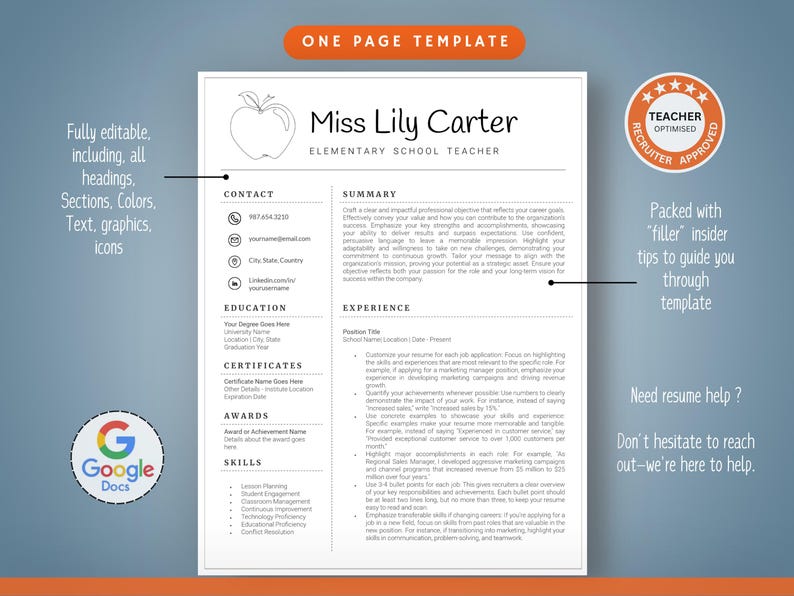 Op de afbeelding: Een wit cv-sjabloon met de tekst "Miss Lily Carter, Elementary School Teacher." Het cv bevat secties voor contactgegevens, opleiding, ervaring en vaardigheden. De sjabloon is volledig bewerkbaar en geoptimaliseerd voor leraren.