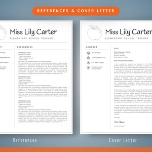 Op de afbeelding: Een sjabloon voor cv en sollicitatiebrief met de naam "Miss Lily Carter" en de titel "Elementary School Teacher". Het ontwerp bevat een appelafbeelding en secties voor contactgegevens, referenties en een sollicitatiebrief.