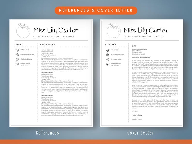Op de afbeelding: Een sjabloon voor cv en sollicitatiebrief met de naam "Miss Lily Carter" en de titel "Elementary School Teacher". Het ontwerp bevat een appelafbeelding en secties voor contactgegevens, referenties en een sollicitatiebrief.