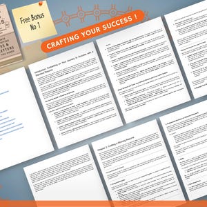 Op de afbeelding: Een boek getiteld "Crafting Your Path to Success" met de ondertitel "De ultieme gids voor het schrijven van cv's en sollicitatiebrieven die u aannemen". Bevat een bonusbriefje en verschillende tekstpagina's. De tekst "Crafting Your Success!" is ook zichtbaar.