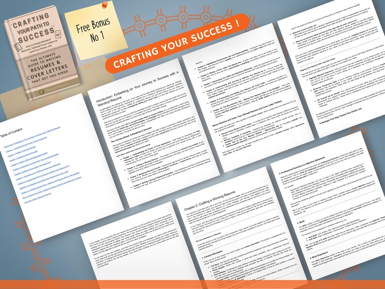 Op de afbeelding: Een boek getiteld "Crafting Your Path to Success" met de ondertitel "De ultieme gids voor het schrijven van cv's en sollicitatiebrieven die u aannemen". Bevat een bonusbriefje en verschillende tekstpagina's. De tekst "Crafting Your Success!" is ook zichtbaar.