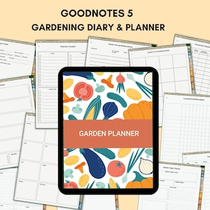 May include: A digital planner for Goodnotes 5 with a colourful cover featuring a variety of vegetables and fruits. The cover text reads "Garden Planner". The planner includes pages for weekly planning, seasonal checklists, plant profiles, square foot gardening, companion planting, succession planting, and a garden project log.
