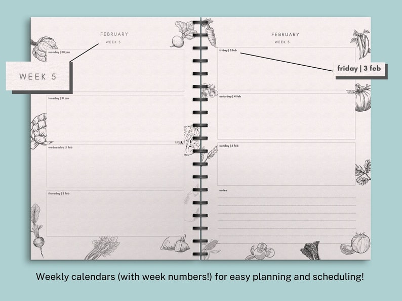 Pu&ograve; includere: Un planner settimanale con un design floreale. Il planner ha un design floreale in bianco e nero su uno sfondo rosa chiaro. Il planner &egrave; aperto alla settimana 5 di febbraio. Il planner ha una rilegatura a spirale.