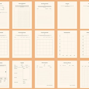 Puede incluir: Una colecci&oacute;n de p&aacute;ginas de planificaci&oacute;n de jardines beige con varios dise&ntilde;os. Las p&aacute;ginas incluyen secciones para perfiles de jard&iacute;n, calendarios de plantaci&oacute;n y seguimiento de gastos. Cada p&aacute;gina tiene un dise&ntilde;o minimalista con texto negro y l&iacute;neas de cuadr&iacute;cula.