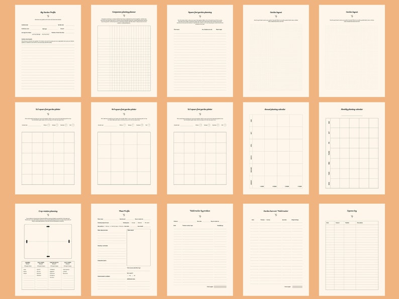 Puede incluir: Una colecci&oacute;n de p&aacute;ginas de planificaci&oacute;n de jardines beige con varios dise&ntilde;os. Las p&aacute;ginas incluyen secciones para perfiles de jard&iacute;n, calendarios de plantaci&oacute;n y seguimiento de gastos. Cada p&aacute;gina tiene un dise&ntilde;o minimalista con texto negro y l&iacute;neas de cuadr&iacute;cula.