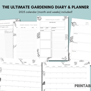 Pu&ograve; includere: Diario di giardinaggio e pianificatore stampabile con un design in bianco e nero con illustrazioni di verdure e piante. Il pianificatore include un calendario di semina, un tracker di raccolto del giardino, un pianificatore di progetti e pagine di calendario mensili per il 2023.