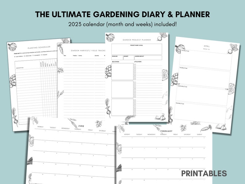 Pu&ograve; includere: Diario di giardinaggio e pianificatore stampabile con un design in bianco e nero con illustrazioni di verdure e piante. Il pianificatore include un calendario di semina, un tracker di raccolto del giardino, un pianificatore di progetti e pagine di calendario mensili per il 2023.