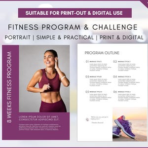 May include: A printable 8-week fitness program and challenge guide with a program outline, a motivational quote, and a photo of a woman exercising. The guide is suitable for print-out and digital use.
