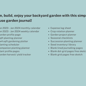 Pu&ograve; includere: Un elenco delle funzionalit&agrave; incluse in un diario da giardino. Il diario include un calendario mensile e settimanale, una pagina del profilo del giardino, un pianificatore di piantagione, un pianificatore di piantagione di accompagnamento, pagine del profilo delle piante e un tracker del raccolto del giardino. Il diario include anche un foglio di registrazione delle spese, un pianificatore di rotazione delle colture, un pianificatore di progetti da giardino, liste di controllo stagionali, un pianificatore di piantagione in successione, un inventario dei semi, pagine di diario a righe vuote, pagine di griglia a punti vuote e pagine di griglia vuote.