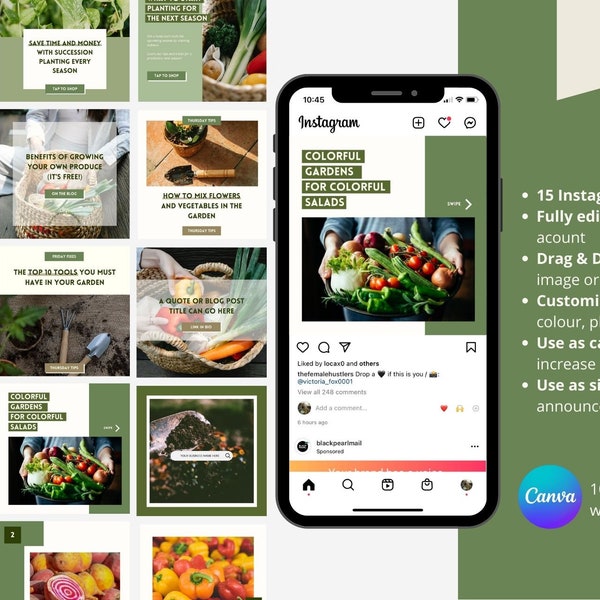 Green in Nature, Garden, Eco, Plants, Gardening Instagram Canva Social Media Templates Instant Download Use