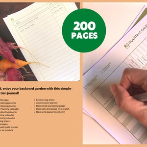 Puede incluir: Un diario de jardiner&iacute;a de 200 p&aacute;ginas, con un calendario de plantaci&oacute;n y espacio para notas. La imagen muestra zanahorias y remolachas frescas, junto con el texto: "&iexcl;Planifica, construye, disfruta de tu jard&iacute;n con este diario de jard&iacute;n f&aacute;cil de usar!"