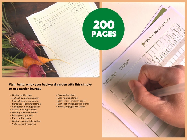 Puede incluir: Un diario de jardiner&iacute;a de 200 p&aacute;ginas, con un calendario de plantaci&oacute;n y espacio para notas. La imagen muestra zanahorias y remolachas frescas, junto con el texto: "&iexcl;Planifica, construye, disfruta de tu jard&iacute;n con este diario de jard&iacute;n f&aacute;cil de usar!"