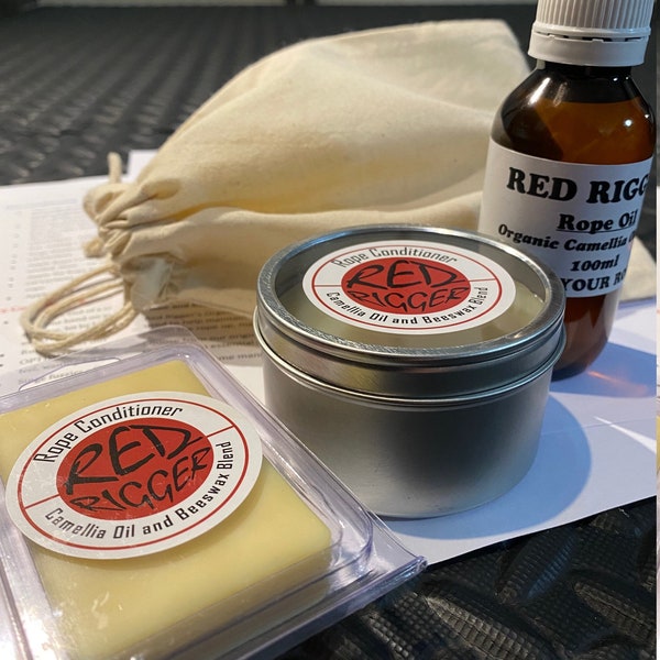 Red Rigger Rope Care Kit - Rope Soak + Conditioning Wax + Polishing Bar + calico bag + instructions - vegan available - jute and hemp ropes