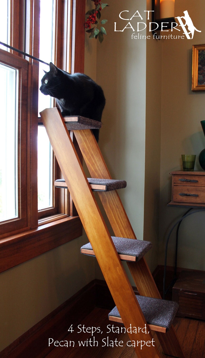 Cat Ladder 4 Step Pine, Customizable Beautifully Designed Pet Furniture Handcrafted High-Quality Ladder for Cats Perfect Window Seat image 1