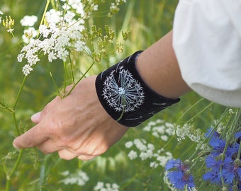 Hand Embroidered Velvet Cuff Bracelet With Dandelion Embroidery. Wide Black Velvet Wristband. Valentine's Day Gift for Her