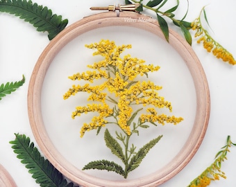 Goldenrod Solidago Flower Embroidery on Tulle. Botanical Hand Embroidery Hoop Art. Gift for Her, Housewarming Gift. OOAK textile artwork